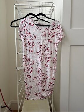 White Dress with Red Floral Print - Casual Women's Dress